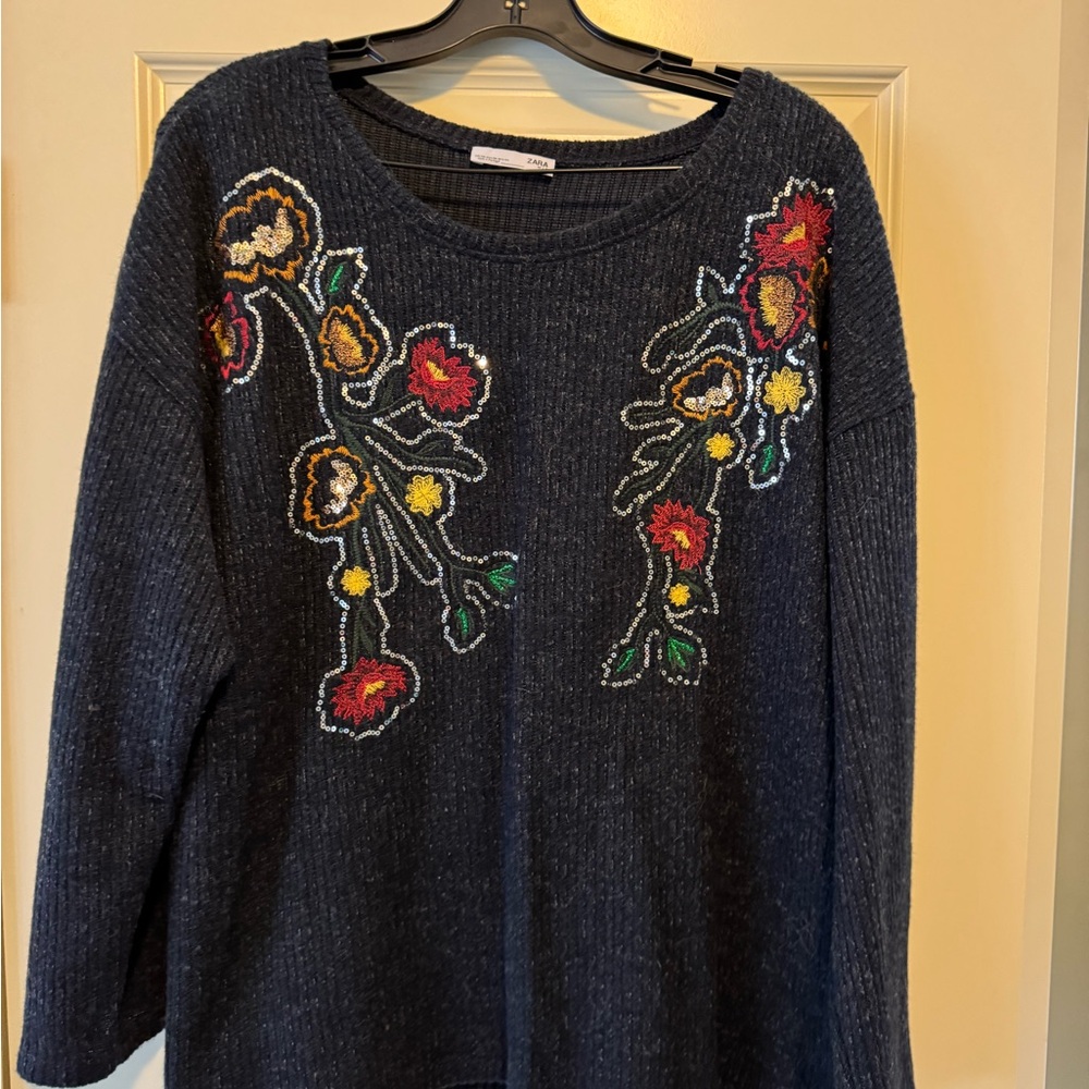 Zara Navy Sweater with Floral Embroidery